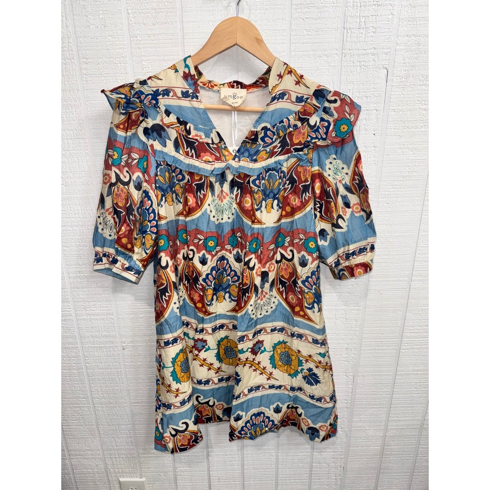 Umgee Mini Dress Womens Multicolor Paisley Floral Ruffle Short Sleeve S NWT